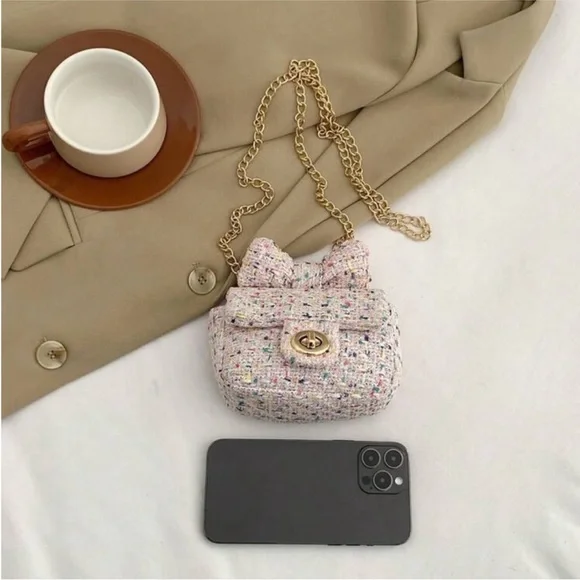 Chic Pink & Rainbow Multi Tweed Mini Flap Crossbody Bag w Top Bow OS New - Picture 2 of 6